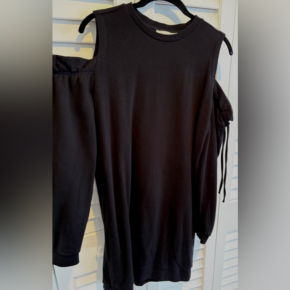 Black Cold Shoulder Dress Mini Thick Knit Ruffled Drawstring Long Sleeve S/M